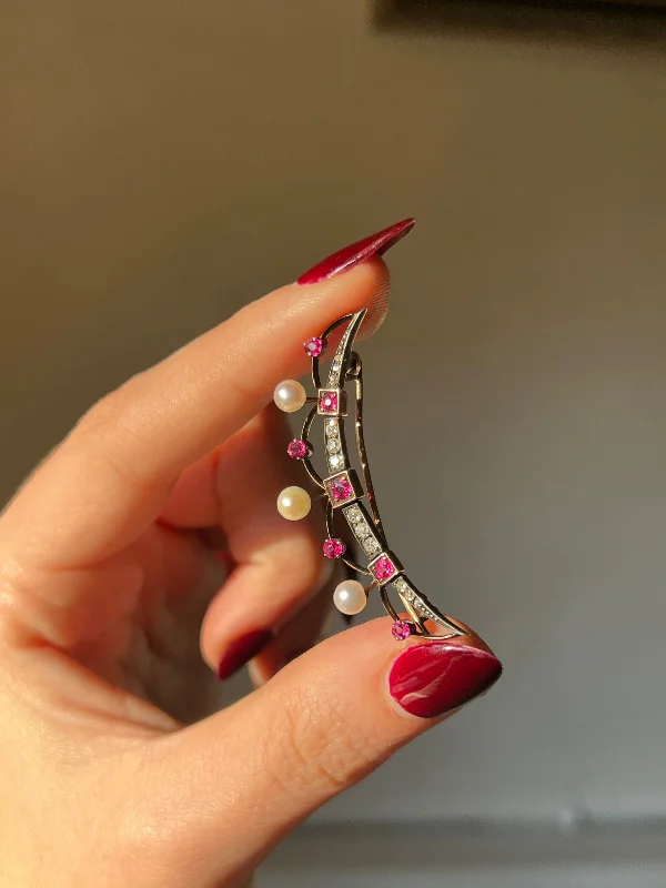 lightweight brooch-Ruby, Diamond, and Pearl Crescent Brooch